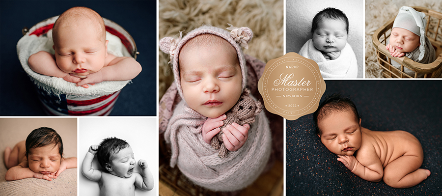 Collection of in home studio newborn portraits used in Jacksonville, FL master photographer portfolio.