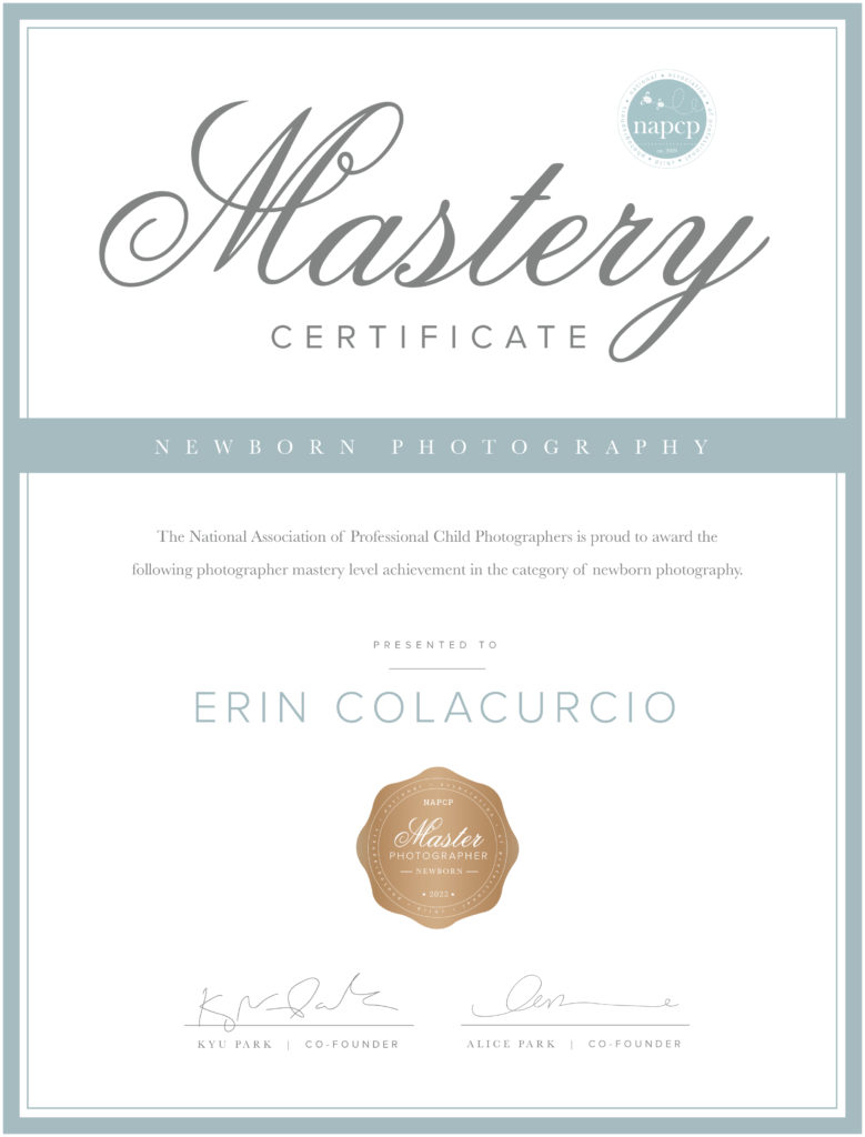 Certificate of Mastery as a Newborn Photographer for Erin Elyse Photography in Jacksonville, FL.